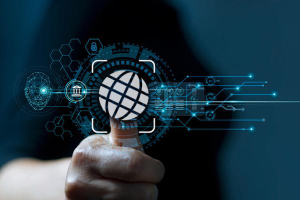 Businessman using fingerprint indentification to access personal financial data and globe symbol.