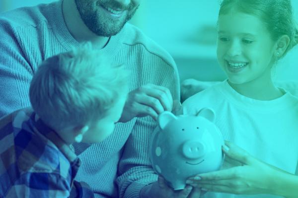 Happy family saving money together.