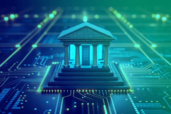 Digital bank building on a circuit board, symbolizing finance and technology integration